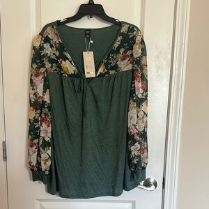 💜Green Tie Front Long Sleeve Blouse